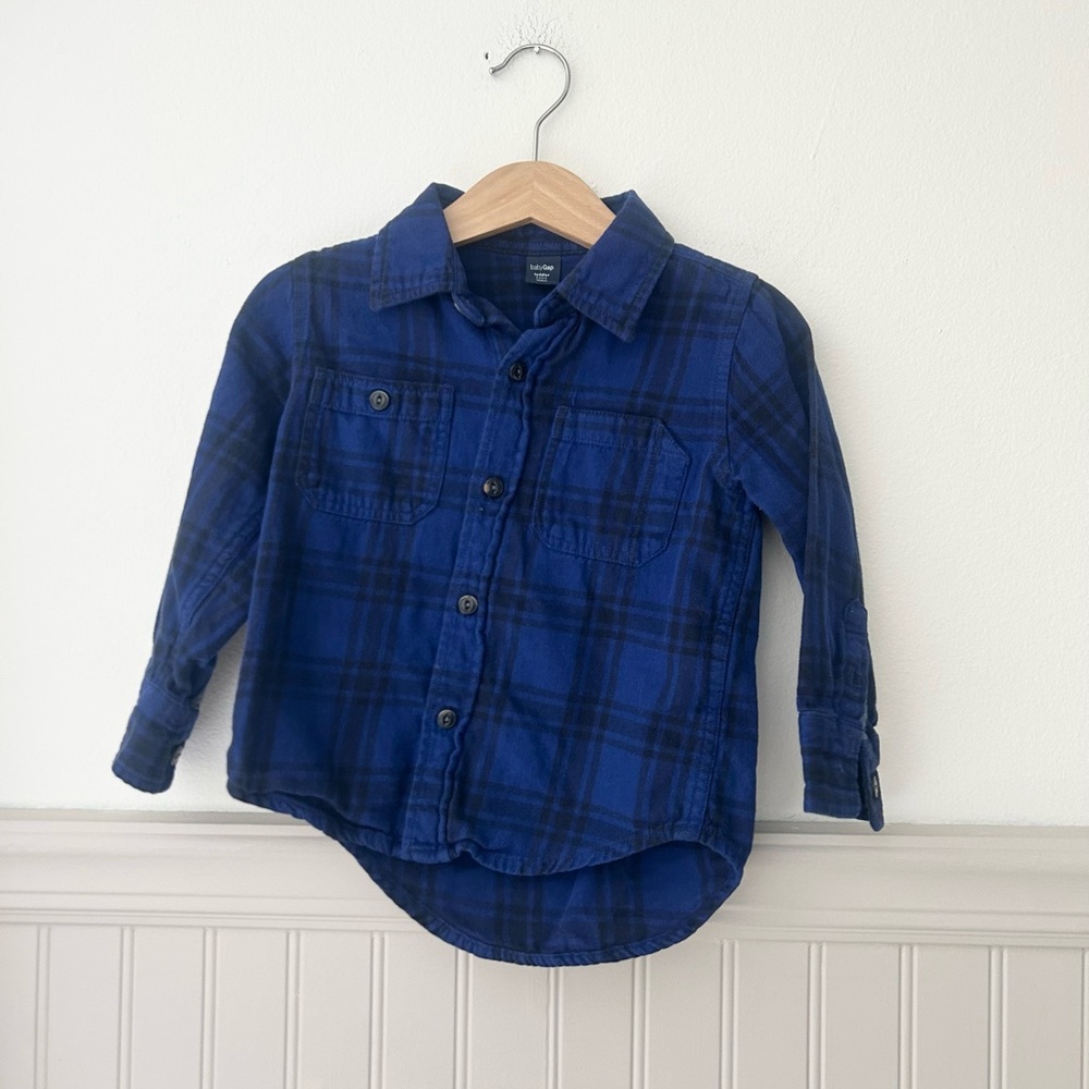 GAP Boys 2T Toddler Kids Blue Checkered Plaid Cotton Button-Down Shirt